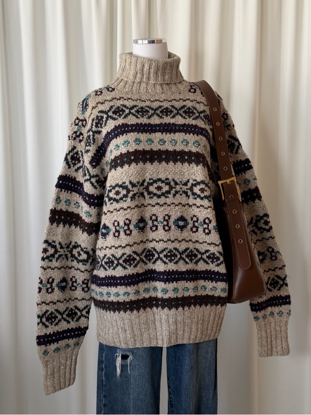 Vintage 1980’s POLO Ralph Lauren Hand knit Fair Isle turtleneck sweater large - Picture 5 of 13
